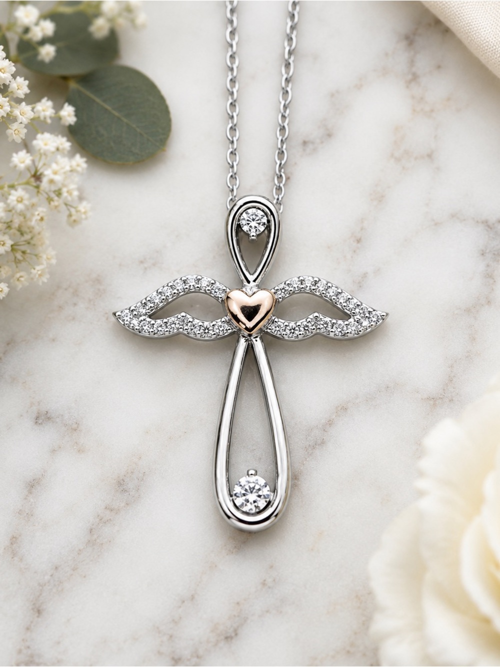 Sterling Silver and Diamond Angel Cross Necklace